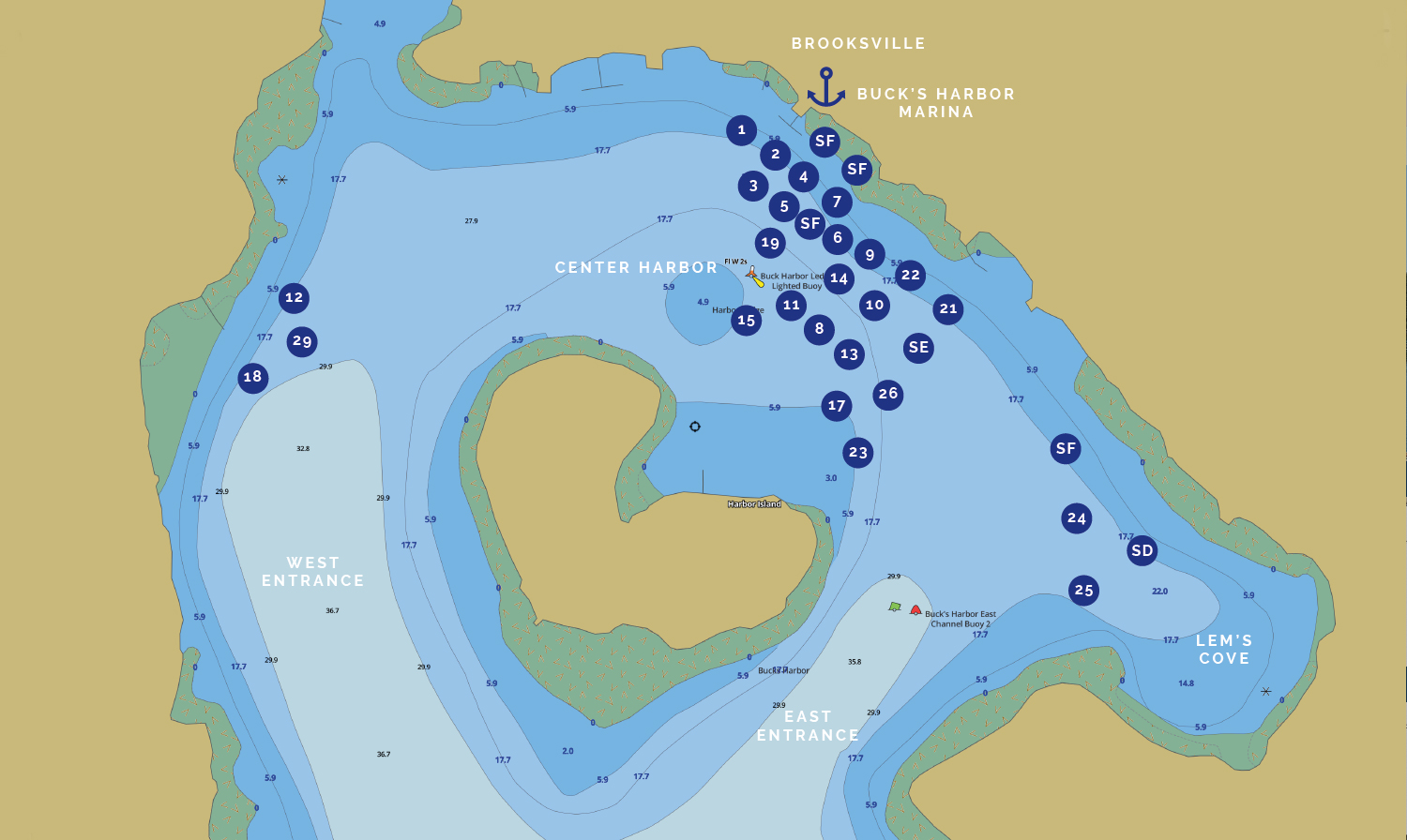 Nautical map of mooring locations in Buck's Harbor